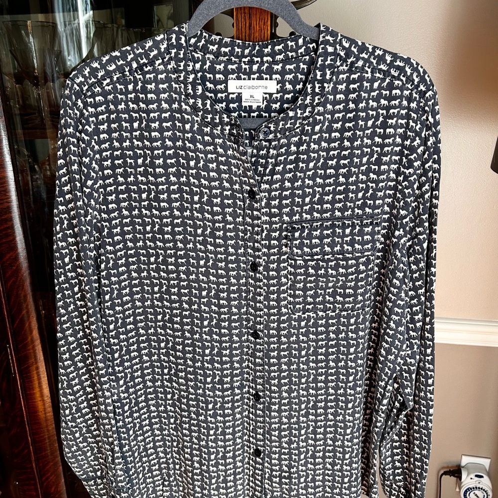 Women’s Smokey blue and White Shirt with horse print.